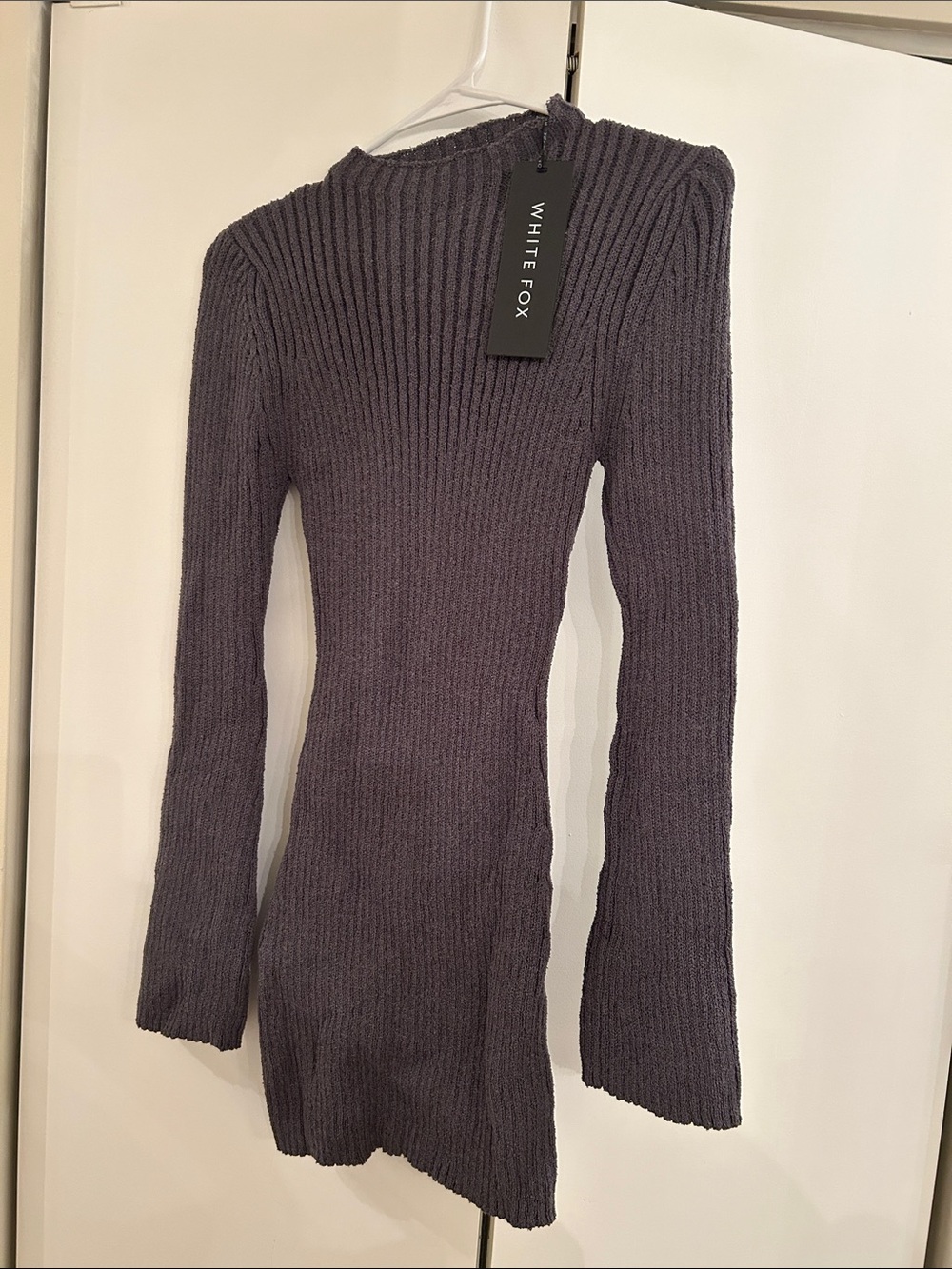 White Fox Boutique Ribbed Long-Sleeve Knit Dress in Charcoal Gray